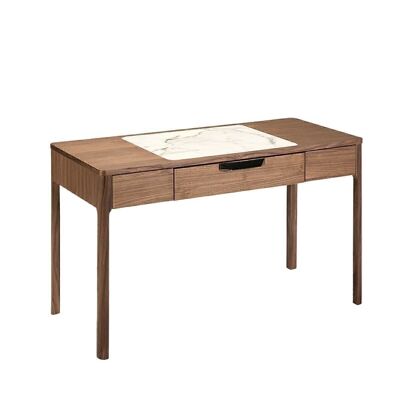 Dressing table in walnut-veneered wood with a central part of the top with marble-effect fiberglass detail, With drawer with copper-colored steel handle, model 7043