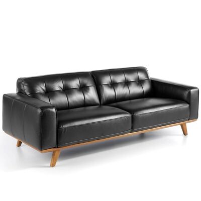 3-seater sofa upholstered in cowhide leather with internal structure in natural pine wood and legs in walnut-colored wood, model 6031