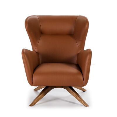 Swivel armchair upholstered in imitation leather with internal structure in natural pine wood and legs in ash wood painted in walnut color, model 5038