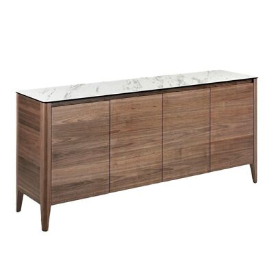 Sideboard with walnut-veneered wood structure, porcelain doors and top, internal tempered glass shelves, model 3080