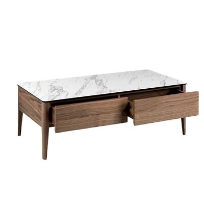 Coffee table with walnut veneered wood structure and porcelain top with drawers, model 2049