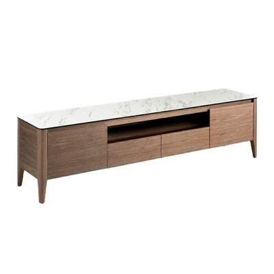 TV cabinet with walnut veneered wood structure with doors and drawers and porcelain top, model 3083