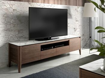 Meuble TV avec structure en bois plaqué noyer avec portes et tiroirs et plateau en porcelaine, modèle 3083 5