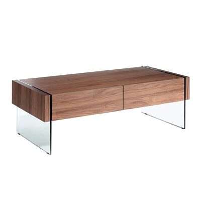 Walnut veneered wood center table with tempered glass sides and drawers, model 2050