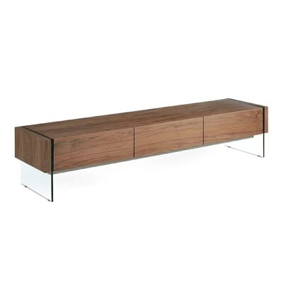 Mueble TV de estructura de madera chapada en nogal con cajones y laterales de cristal templado, modelo 3085