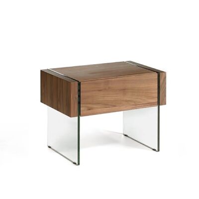 Nachttisch aus nussbaumfurniertem Holz mit Schublade und Seiten aus gehärtetem Glas, Modell 7042