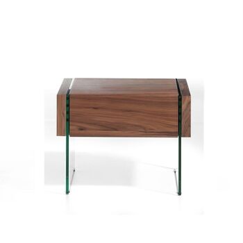 Table de chevet en bois plaqué noyer avec tiroir et côtés en verre trempé, modèle 7042 2