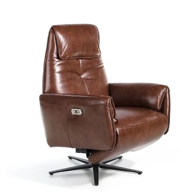 Swivel armchair with two independent electric relax mechanisms, upholstered in cowhide leather with interior structure in pine wood and solid steel base painted in black epoxy, model 5056