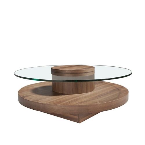 Mesa centro con estructura de madera chapada en nogal y tapa de cristal templado, modelo 2052