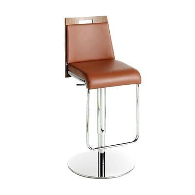 Height-adjustable stool upholstered in imitation leather and chromed stainless steel structure with walnut-veneered backrest, model 4072