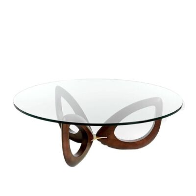 Tavolino con struttura in legno impiallacciato noce e piano in vetro temperato, modello 2053