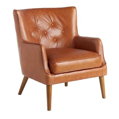 Confidant armchair upholstered in leather with tufted backrest, internal structure in pine wood and leg structure in solid ash wood in walnut color, model 5053