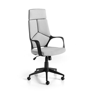 Office chair upholstered in gray fabric with armrests, 360º swivel system and reclining mechanism, Height adjustable by lever with hydraulic lifting mechanism, Black legs with wheels, model 4076