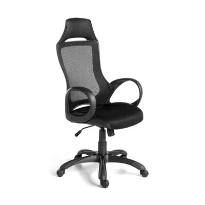 Swivel office chair with armrests upholstered in black mesh fabric