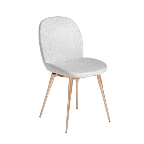 Silla comedor tapizada en tela con estructura interna metálica y patas en acero cromado con acabado color oro rosa, modelo 4081