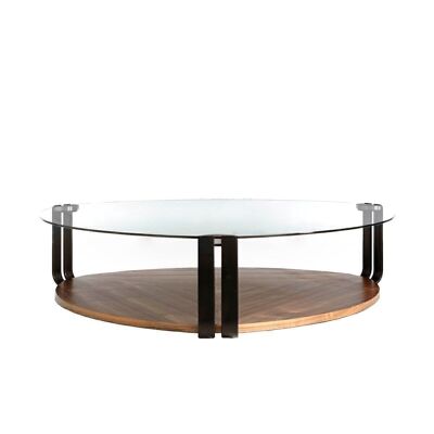Table basse avec plateau triangulaire en verre trempé, piètement en bois plaqué noyer et structure en acier peint époxy noir, modèle 2055