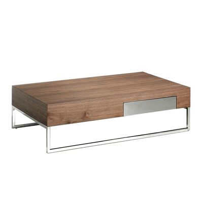 Coffee table made of walnut veneered wood with front drawer and chromed stainless steel legs, model 2057