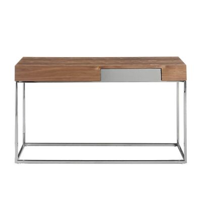 Hall console made of 0.5mm thick natural walnut veneered wood with side drawer with front finished in chromed stainless steel, structure of legs in chromed stainless steel, model 3111