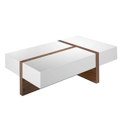 Table basse rectangulaire au design moderne réalisée avec une structure en MDF plaqué noyer et des plateaux en MDF laqué blanc brillant RAL9003.