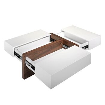Table basse rectangulaire au design moderne réalisée avec une structure en MDF plaqué noyer et des plateaux en MDF laqué blanc brillant RAL9003. 2