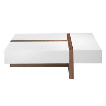Table basse rectangulaire au design moderne réalisée avec une structure en MDF plaqué noyer et des plateaux en MDF laqué blanc brillant RAL9003. 3
