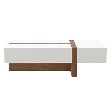 Table basse rectangulaire au design moderne réalisée avec une structure en MDF plaqué noyer et des plateaux en MDF laqué blanc brillant RAL9003. 4
