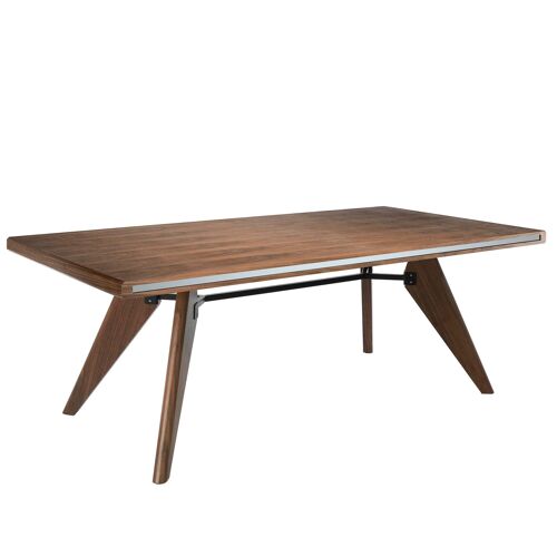 Mesa comedor fabricada en madera chapada en nogal con cristal lateral efecto espejo,  Estructura en acero pintado en epoxi color negro  y patas en madera chapada en nogal, modelo 1080