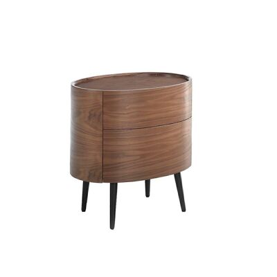 Oval bedside table made of walnut veneered wood with 2 hidden drawers, black epoxy painted steel legs, model 7074