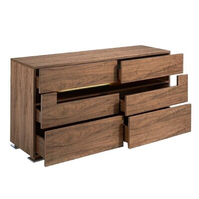 Chest of drawers made of walnut-veneered wood with six drawers and polished stainless steel legs, central hole with interior LED lighting, model 7076