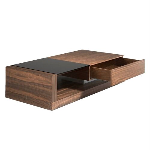 Mesa de centro madera chapada en nogal y cristal tintado negro, con cajón y espacio abierto para almacenamiento,  Detalles en acero inoxidable pulido y patas en madera pintada color negro, modelo 2061