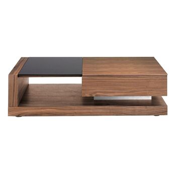 Table basse en placage de noyer et verre teinté noir, avec tiroir et espace ouvert pour le rangement, détails en acier inoxydable poli et pieds en bois peint en noir, modèle 2061 2