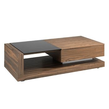 Table basse en placage de noyer et verre teinté noir, avec tiroir et espace ouvert pour le rangement, détails en acier inoxydable poli et pieds en bois peint en noir, modèle 2061 3