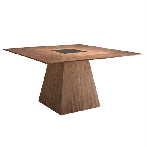 Mesa comedor cuadrada fabricada en madera chapada en nogal natural y detalle central en cristal tintado negro, modelo 1079