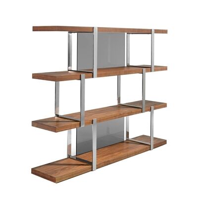Shelf with walnut-veneered wooden shelves and chromed stainless steel structure, details in black translucent glass, model 3136