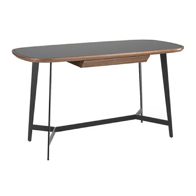 Schreibtisch mit Tischplatte aus walnussfurniertem Holz und schwarz getöntem Glas, zentrale Schublade mit Tischplatte aus walnussfurniertem Holz, Beinstruktur aus schwarz epoxidbeschichtetem Stahl, Modell 3137