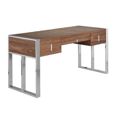 Schreibtisch mit oberen und vorderen Schubladen aus nussbaumfurniertem Holz, grauen PVC-Griffen und verchromten Edelstahlbeinen, Modell 3135