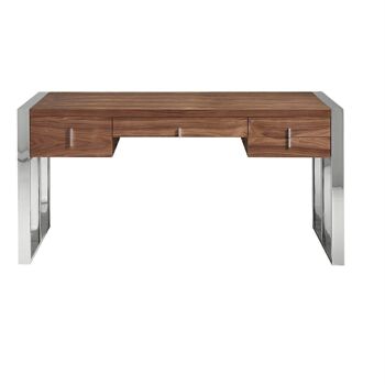Bureau avec plateau et tiroirs frontaux en bois plaqué noyer, poignées en PVC gris et pieds en acier inoxydable chromé, modèle 3135 2