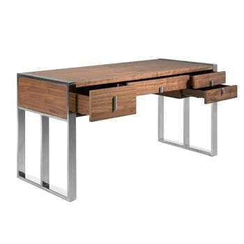 Bureau avec plateau et tiroirs frontaux en bois plaqué noyer, poignées en PVC gris et pieds en acier inoxydable chromé, modèle 3135 4