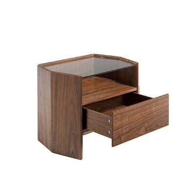 Hexagonal-shaped bedside table made of walnut veneered wood with a front drawer and lower hollow, hexagonal-shaped tempered glass top, model 7072