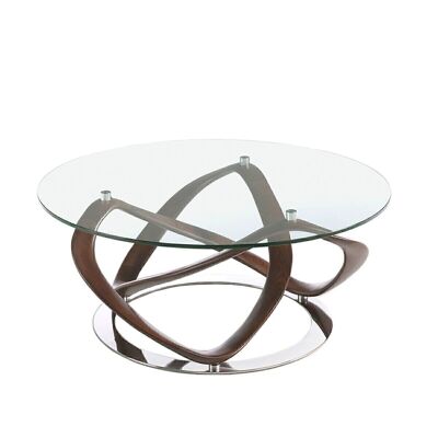 Round coffee table with tempered glass top and structure in solid and curved beech wood painted in walnut color, circular base in solid chromed steel, model 2064