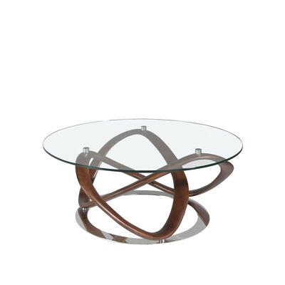 Round coffee table with tempered glass top and structure in solid and curved beech wood painted in walnut color, circular base in solid chromed steel, model 2064