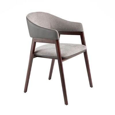 Mit Stoff und Kunstleder bezogener Stuhl mit Beinstruktur aus massivem Eschenholz in Nussbaumfarbe lackiert, Modell 4091