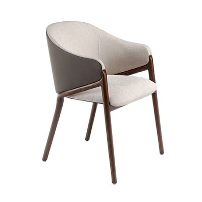 Mit Stoff und Kunstleder bezogener Stuhl mit Beinstruktur aus massivem Eschenholz in Nussbaumfarbe lackiert, Modell 4090