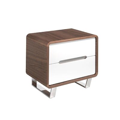 Walnut veneered wood bedside table with two drawers in Glossy White lacquered MDF, chromed stainless steel feet and legs, model 7107