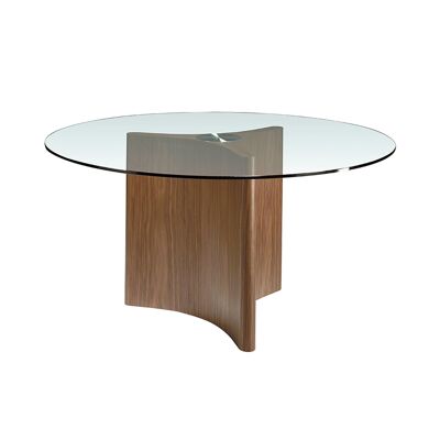 Tavolo da pranzo rotondo in vetro temperato e legno di pino color noce, modello 1094