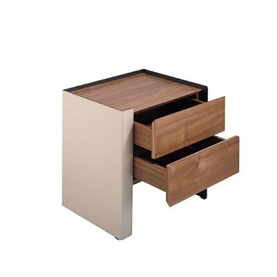 Table de chevet avec tiroirs et structure en bois plaqué noyer et cuir recyclé, modèle 7118