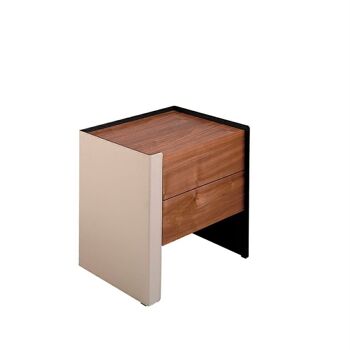 Table de chevet avec tiroirs et structure en bois plaqué noyer et cuir recyclé, modèle 7118 4