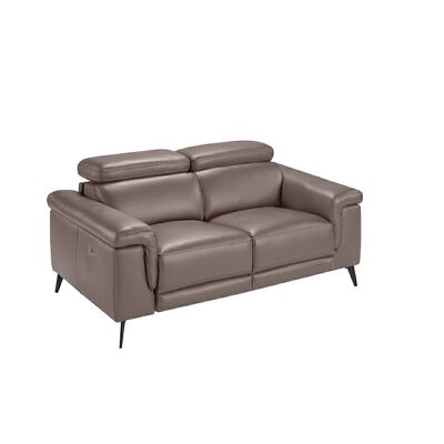 2-seater sofa upholstered in mink-colored cowhide leather with solid natural pine wood structure, independent articulated headrests, solid steel legs painted in black epoxy, model 6106