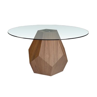 Tavolo da pranzo rotondo in vetro temperato e legno di pino color noce, modello 1093