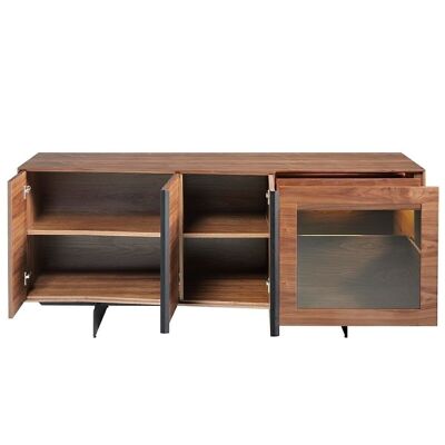 Sideboard made of natural walnut veneered wood with three cabinets and two drawers, exterior drawer with interior LED lighting, model 3218